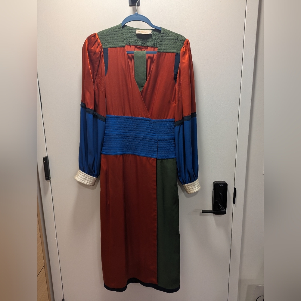 Tory Burch Kola Colorblock Silk Blend Satin Crepe Wrap Dress Size 8